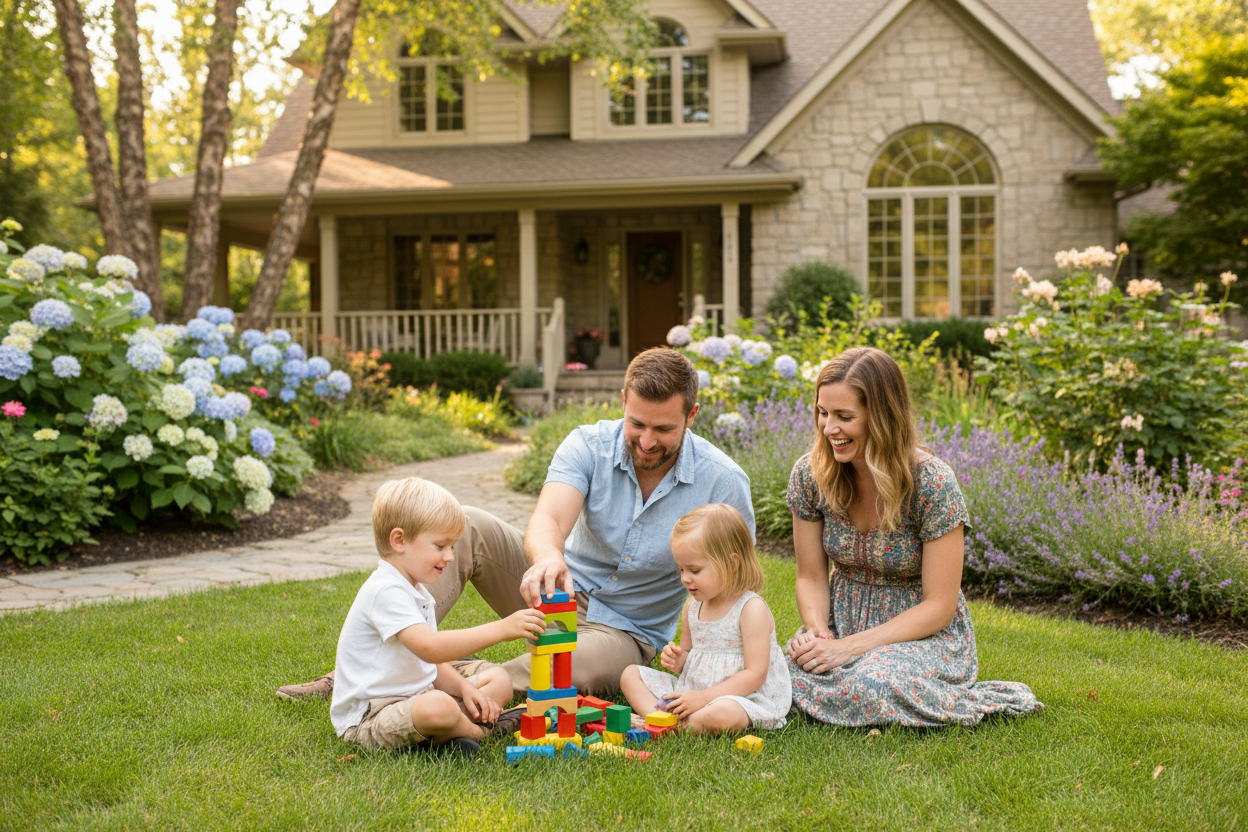 Two cute kids (one boy and a girl) happily playing with wooden blocks. Arranging blocks one over another, their father guiding them and mother looking with great happiness towards them. all of them are sit in a garden in front of a nice looking home. 